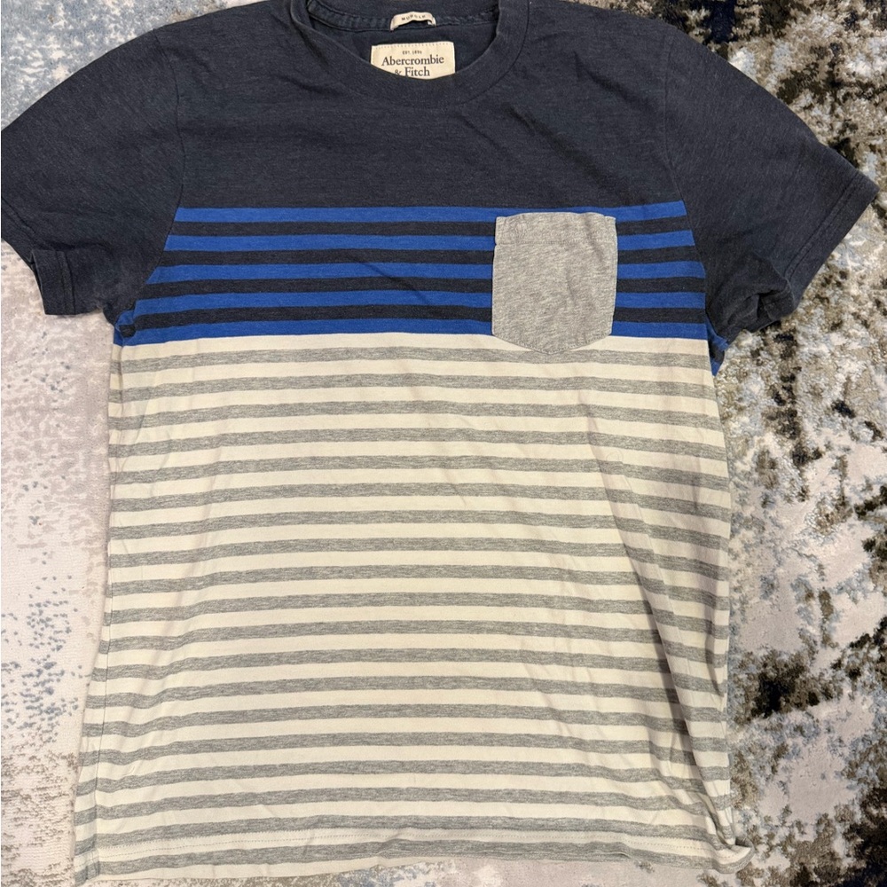 Abercrombie & Fitch Navy, Royal Blue and Gray Striped Pocket Tee